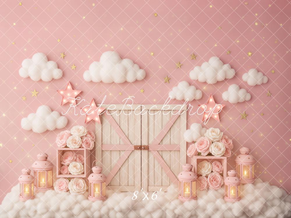Kate Cake Smash Pink Clouds Barn Door Stars Backdrop Designed by Ashley Paul - Image 3