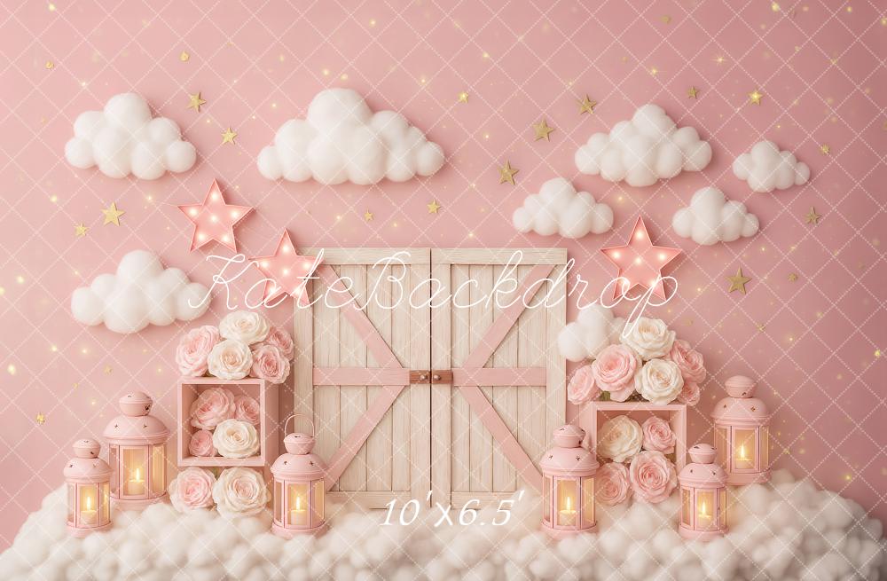 Kate Cake Smash Pink Clouds Barn Door Stars Backdrop Designed by Ashley Paul - Image 4