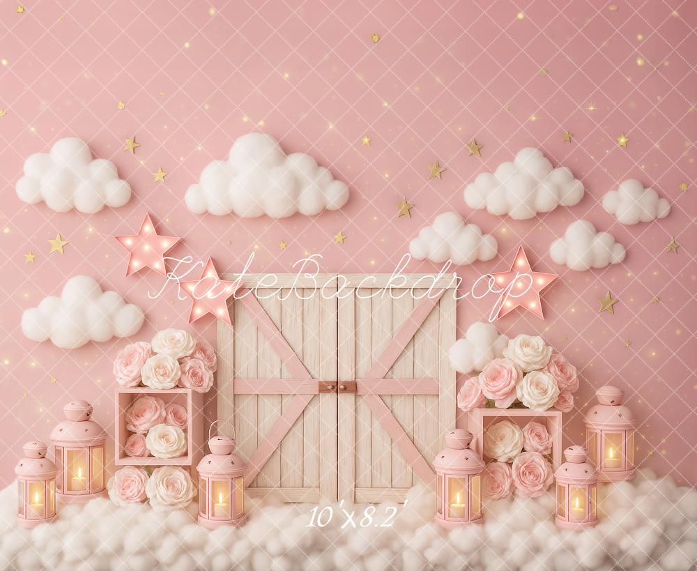 Kate Cake Smash Pink Clouds Barn Door Stars Backdrop Designed by Ashley Paul - Image 5