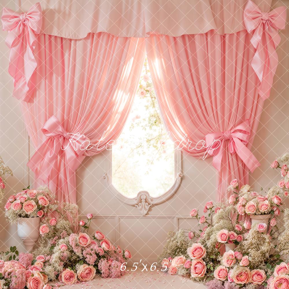 Kate Cake Smash Pink Floral Curtain Bow Backdrop Designed by Emetselch - Image 2