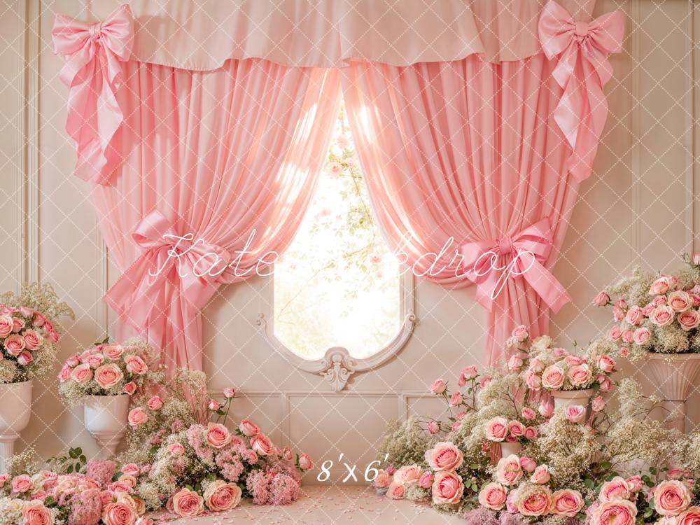 Kate Cake Smash Pink Floral Curtain Bow Backdrop Designed by Emetselch - Image 3