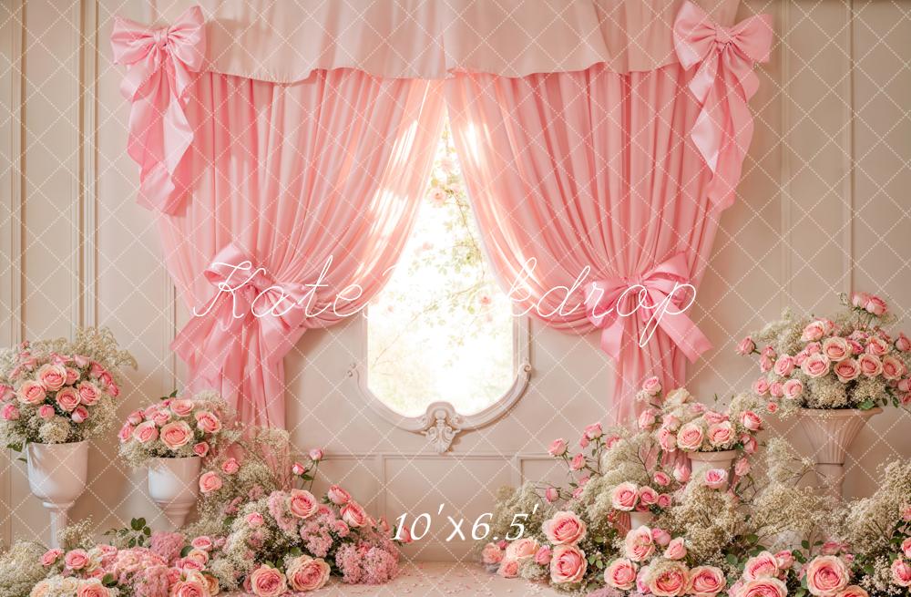 Kate Cake Smash Pink Floral Curtain Bow Backdrop Designed by Emetselch - Image 4