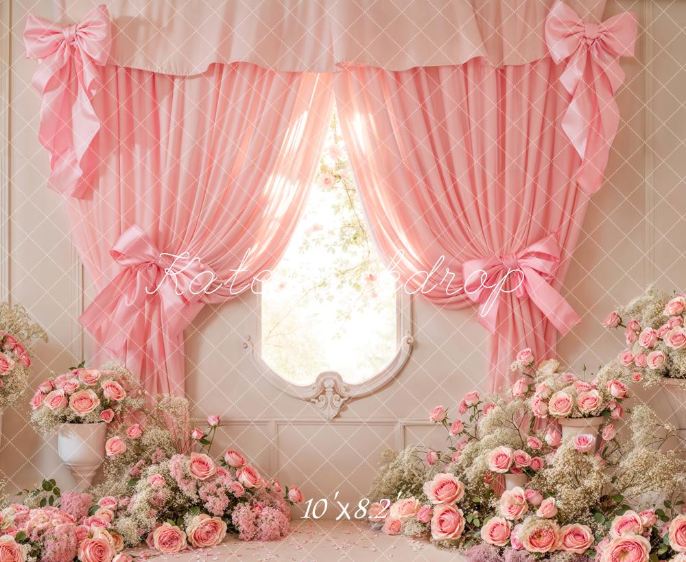 Kate Cake Smash Pink Floral Curtain Bow Backdrop Designed by Emetselch - Image 5