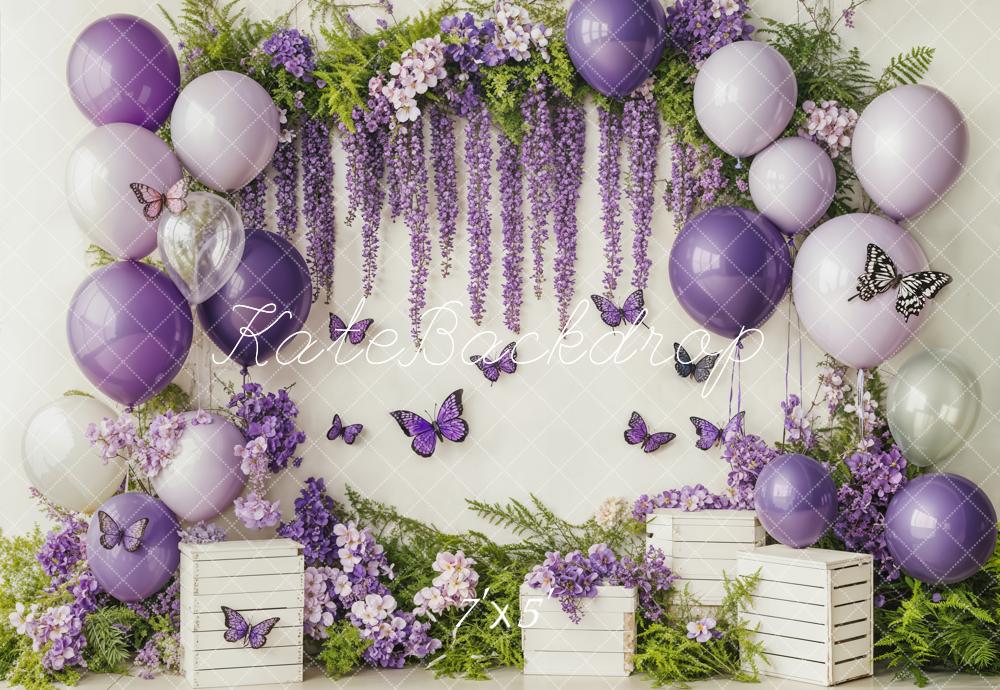 Kate Cake Smash Purple Balloon Floral Butterflies Backdrop Designed by Emetselch - Image 2