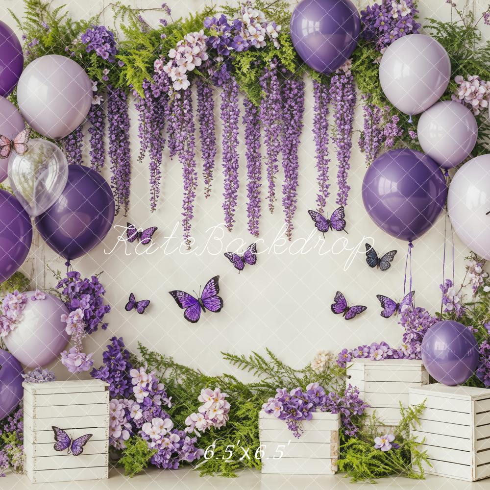 Kate Cake Smash Purple Balloon Floral Butterflies Backdrop Designed by Emetselch - Image 3