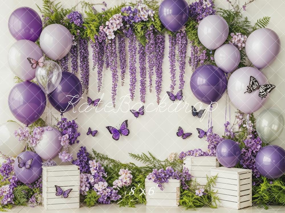 Kate Cake Smash Purple Balloon Floral Butterflies Backdrop Designed by Emetselch - Image 4