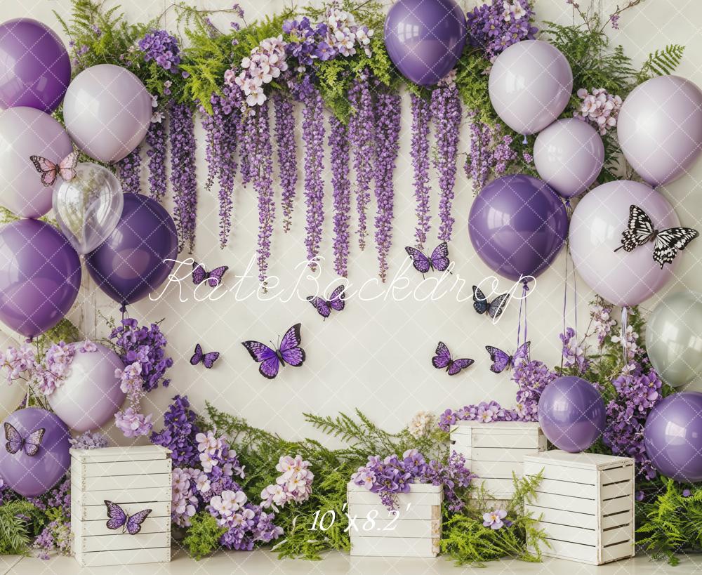 Kate Cake Smash Purple Balloon Floral Butterflies Backdrop Designed by Emetselch - Image 5