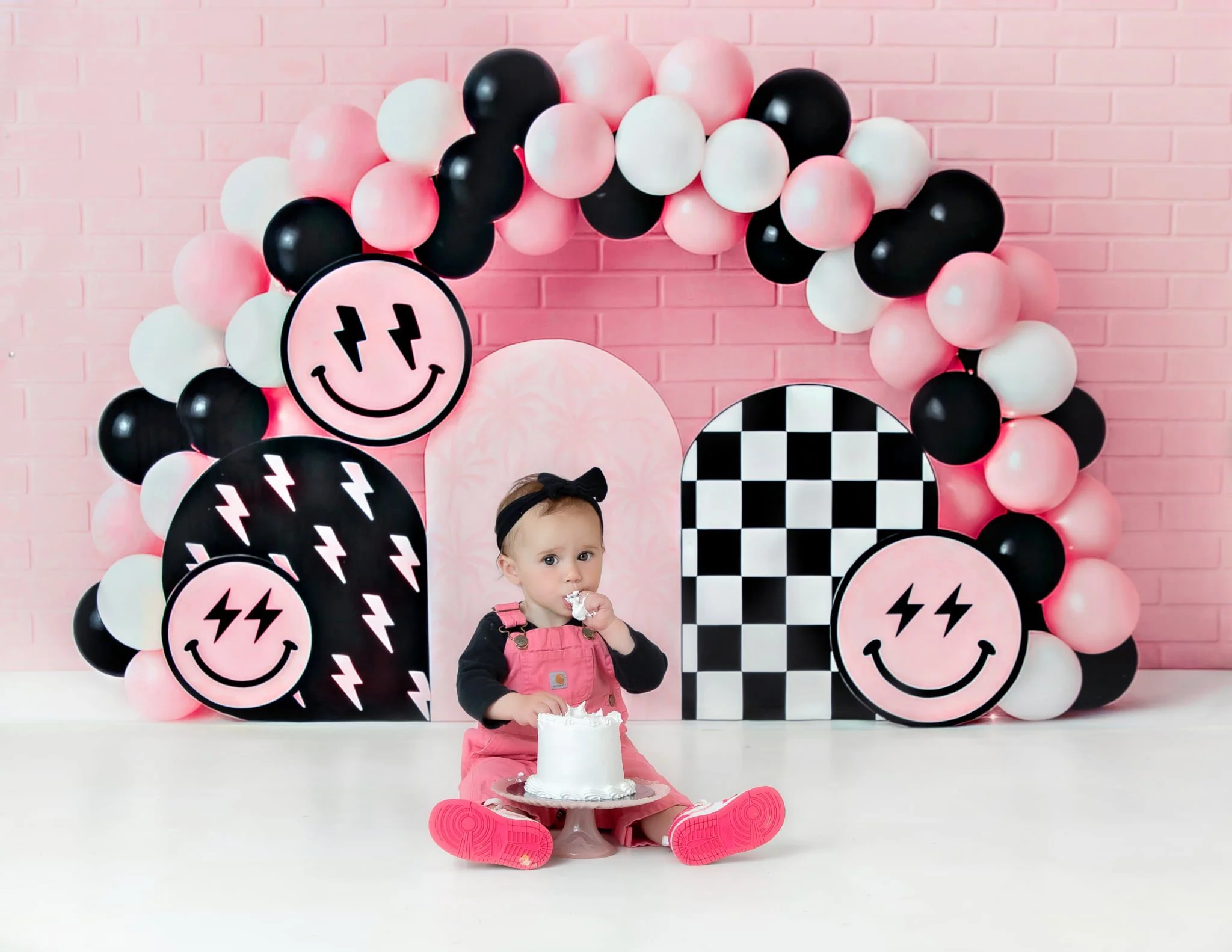 Kate Cake Smash Smiley Pink Balloon Arch Backdrop Designed by Ashley Paul