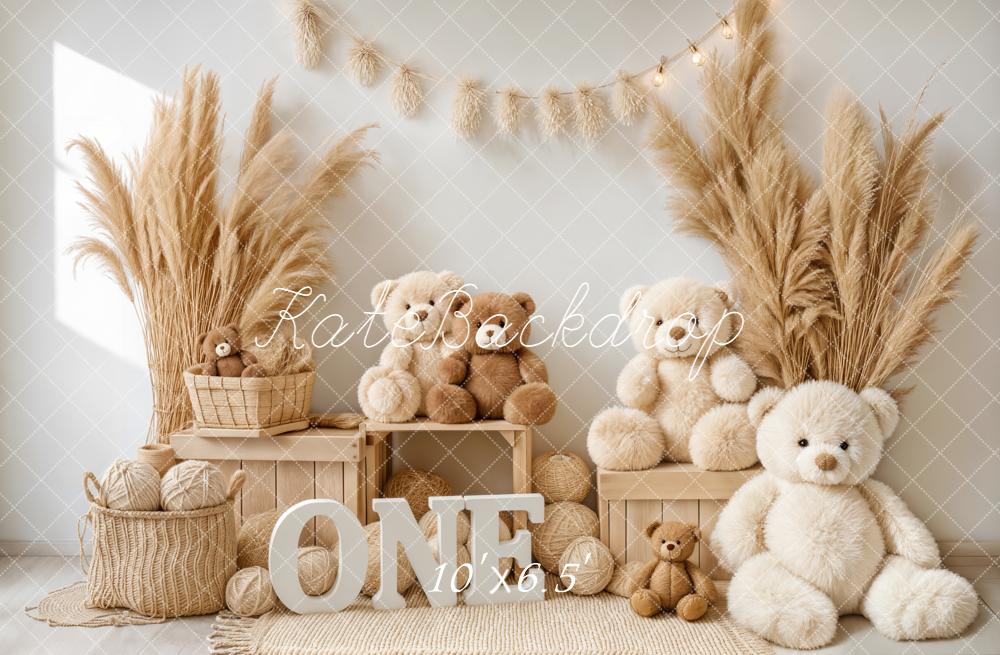 Kate Cake Smash Teddy Bears Pampas Grass Neutral Fleece Backdrop Designed by Emstselch - Image 2