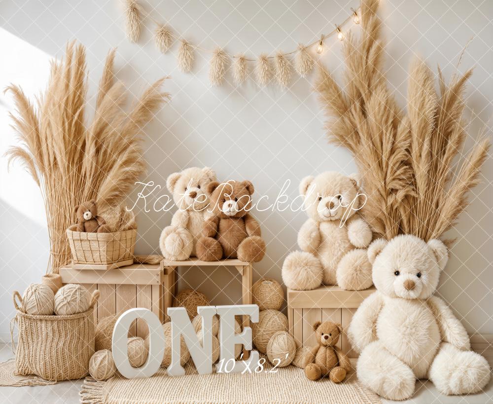 Kate Cake Smash Teddy Bears Pampas Grass Neutral Fleece Backdrop Designed by Emstselch - Image 3