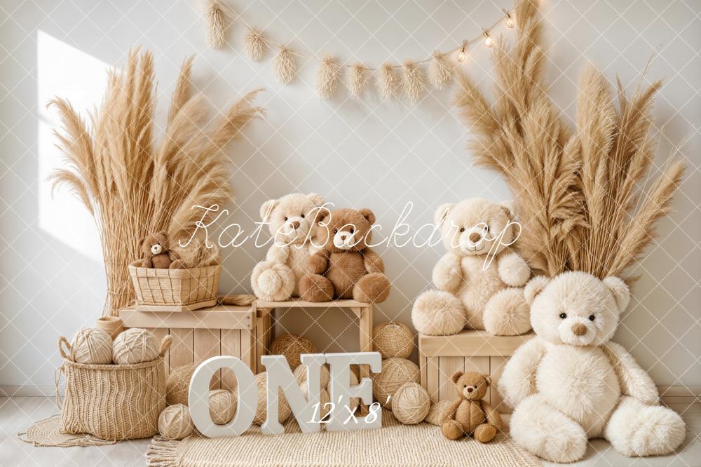 Kate Cake Smash Teddy Bears Pampas Grass Neutral Fleece Backdrop Designed by Emstselch - Image 4