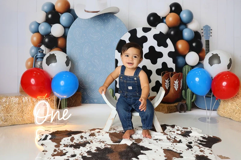 Kate Cake Smash Western Cowboy Boots Blue Backdrop Designed by Ashley Paul - Image 4