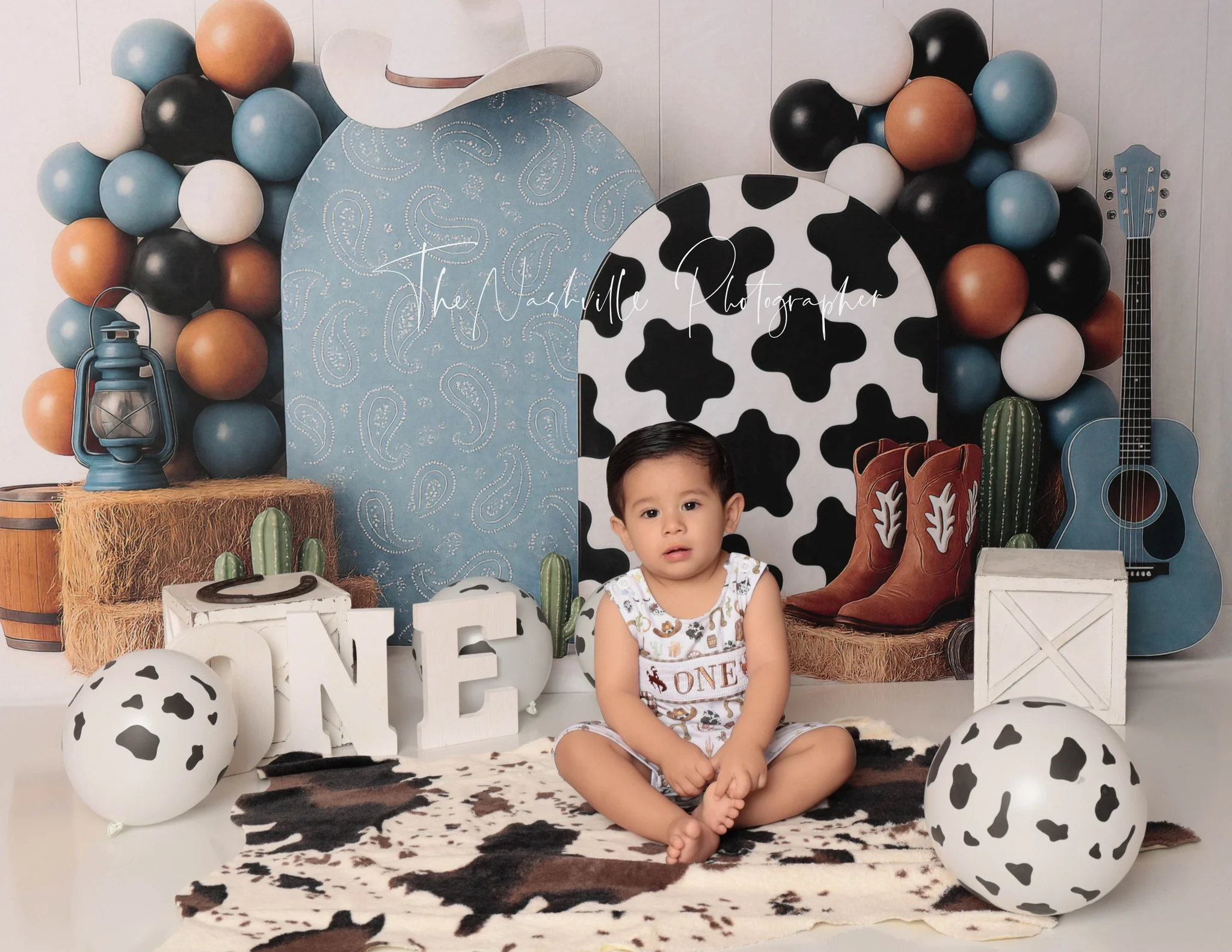 Kate Cake Smash Western Cowboy Boots Blue Backdrop Designed by Ashley Paul - Image 5