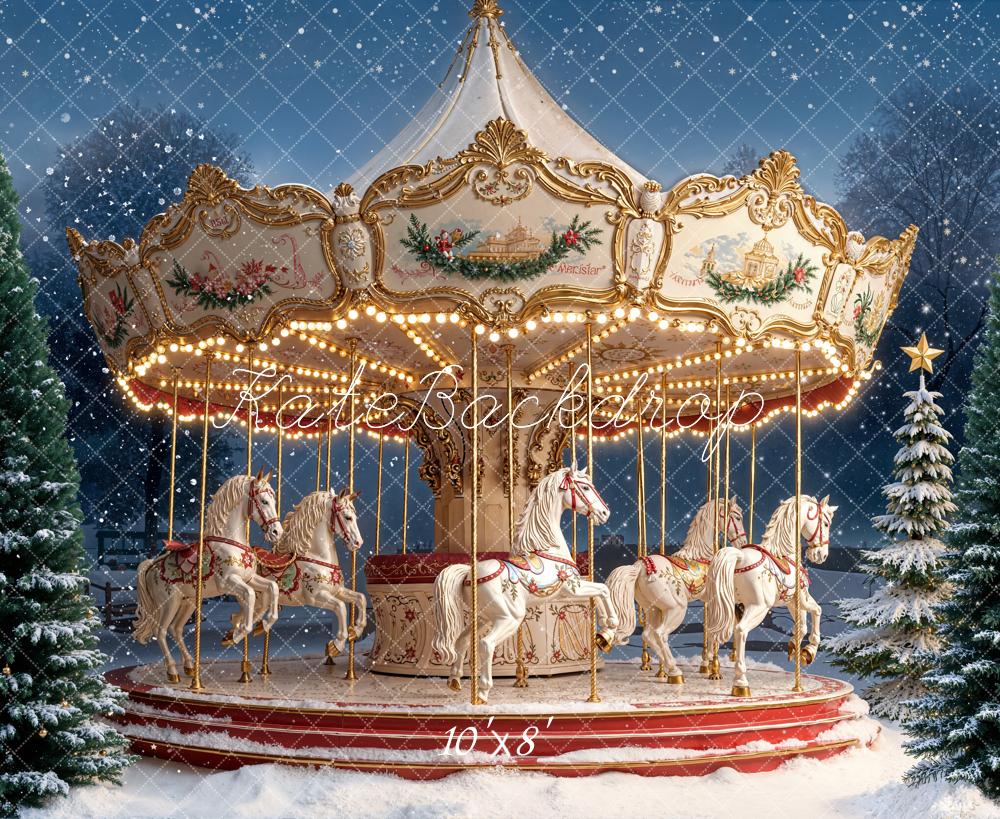 Kate Carousel Christmas Snow Trees Fleece Backdrop Designed by Emetselch - Image 3