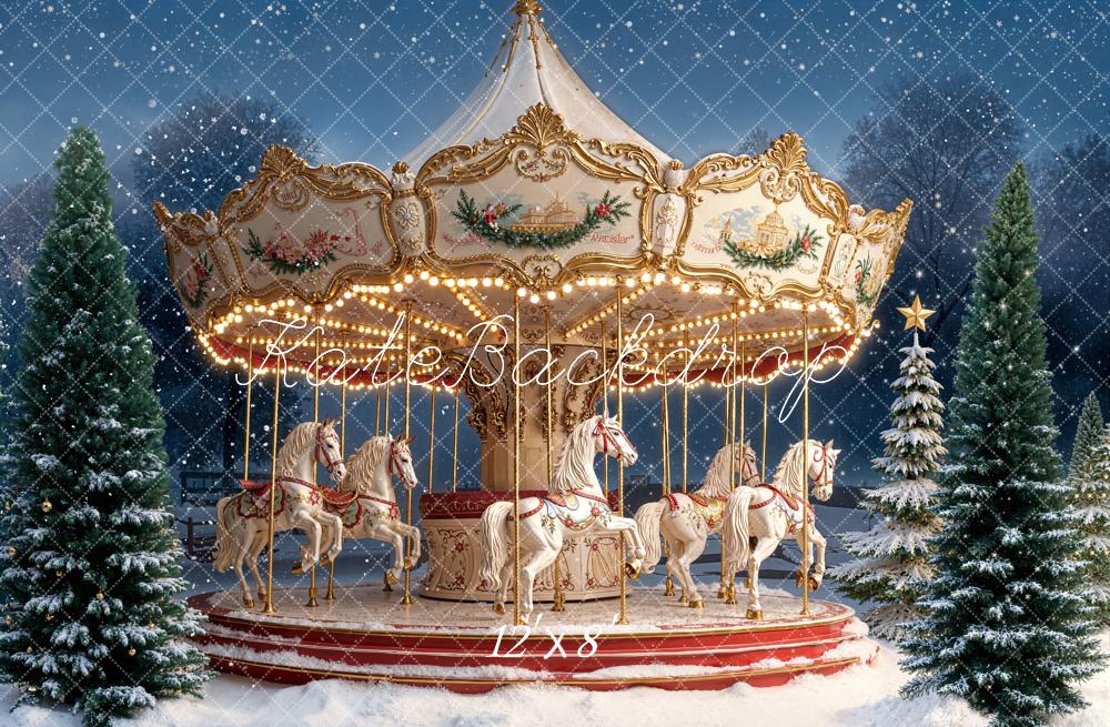 Kate Carousel Christmas Snow Trees Fleece Backdrop Designed by Emetselch - Image 4