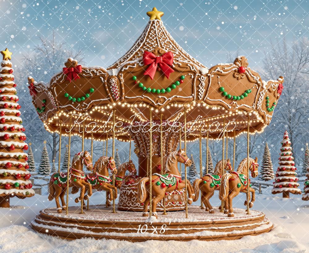 Kate Christmas Carousel Gingerbread Trees Snow Fleece Backdrop Designed by Emetselch - Image 3