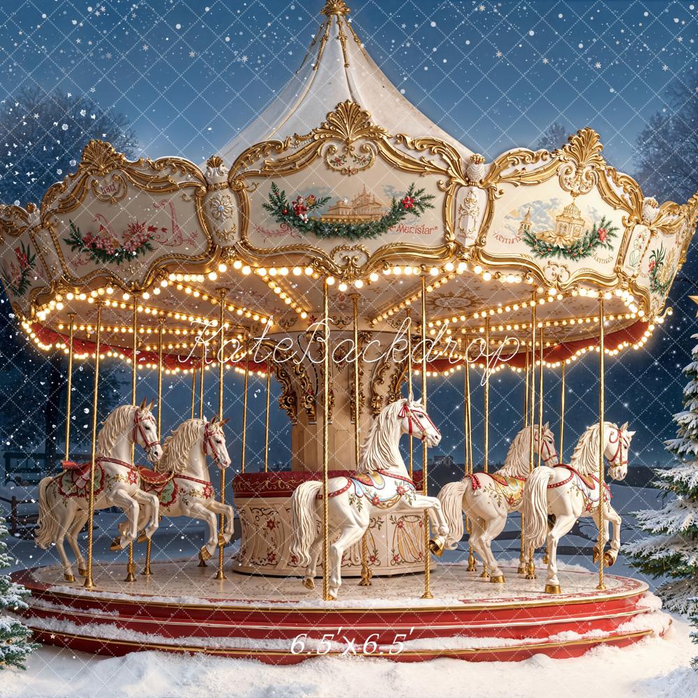 Kate Carousel Horses Snowy Christmas Trees Backdrop Designed by Emetselch - Image 2