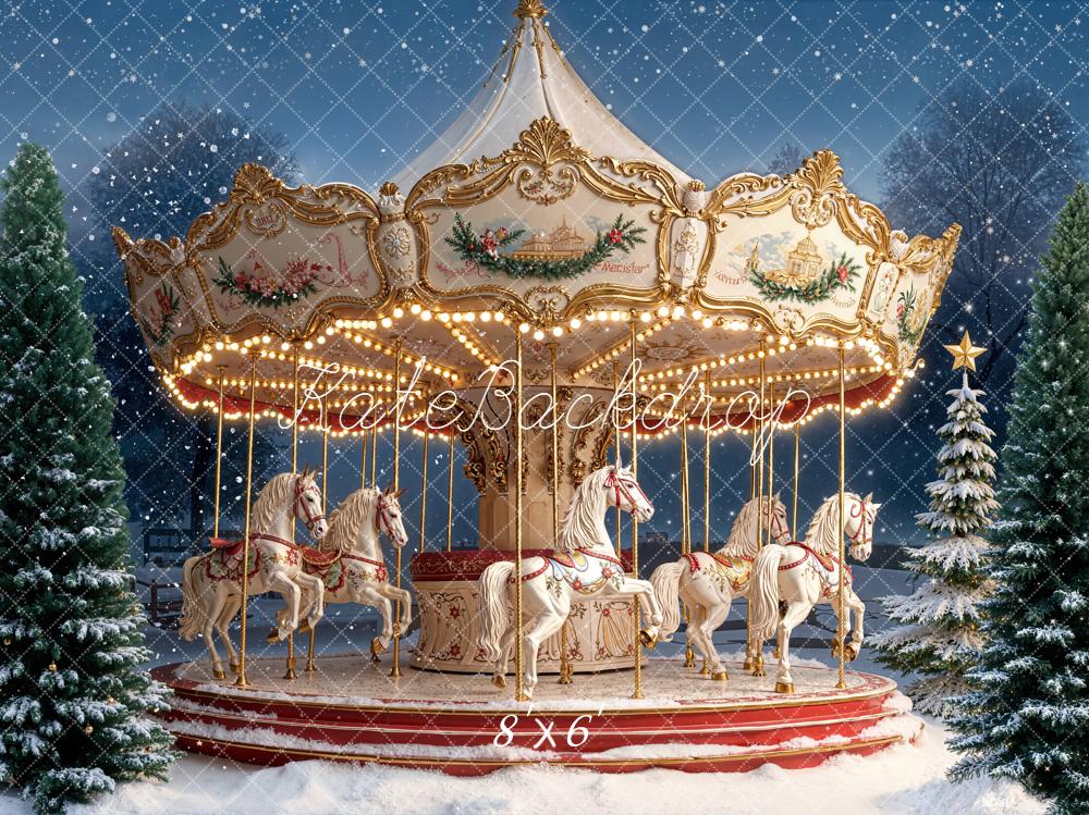 Kate Carousel Horses Snowy Christmas Trees Backdrop Designed by Emetselch - Image 3
