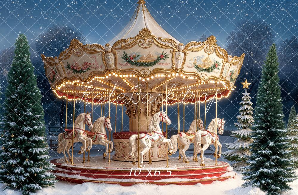 Kate Carousel Horses Snowy Christmas Trees Backdrop Designed by Emetselch - Image 4