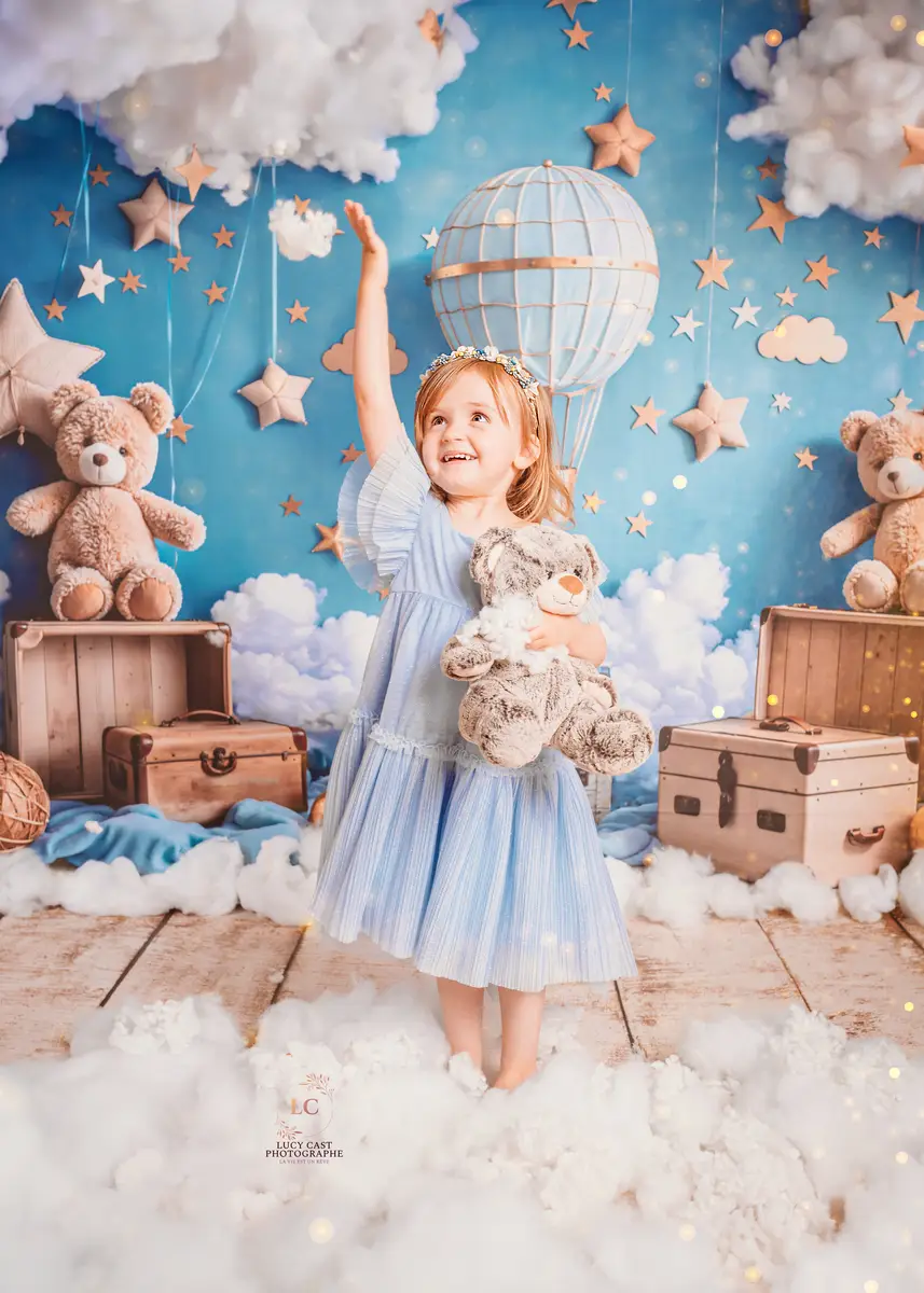 Kate Cartoon Hot Air Balloon Teddy Bear Blue Backdrop Designed by Emetselch