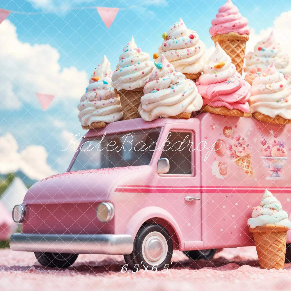 Kate Summer Cartoon Pink Ice Cream Truck Backdrop Designed by Emetselch - Image 2