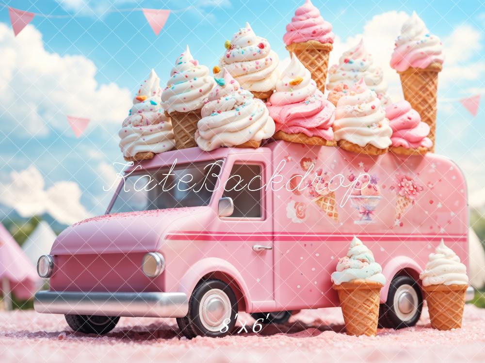 Kate Summer Cartoon Pink Ice Cream Truck Backdrop Designed by Emetselch - Image 3