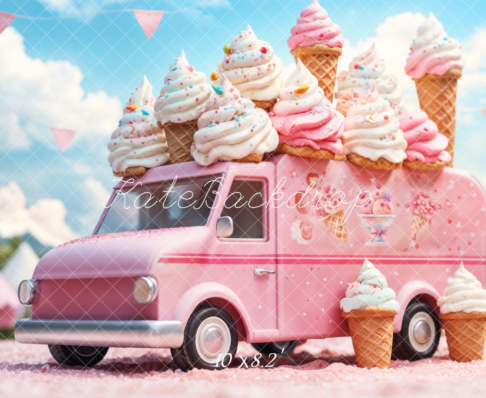 Kate Summer Cartoon Pink Ice Cream Truck Backdrop Designed by Emetselch - Image 5
