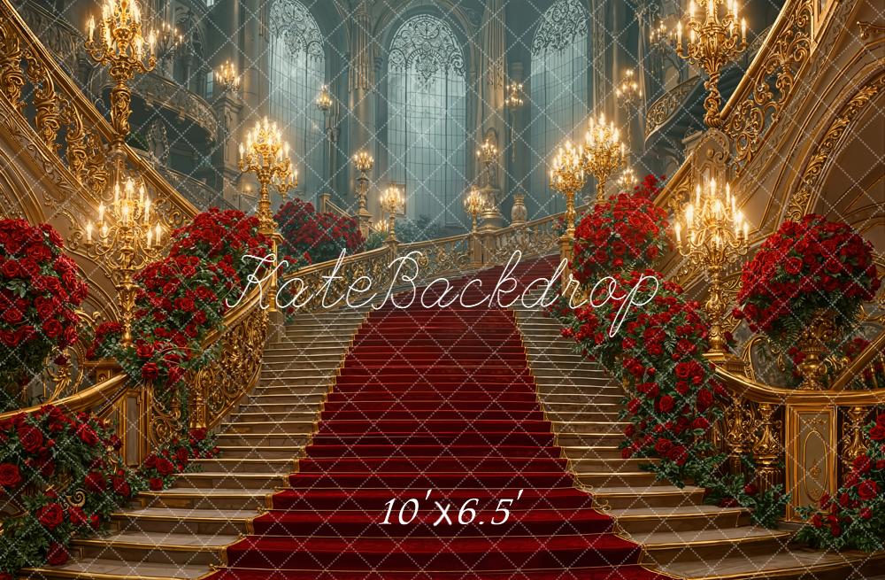 Kate Cascading Stairs Red Roses Grand Chandelier Fleece Backdrop Designed by Emetselch - Image 2