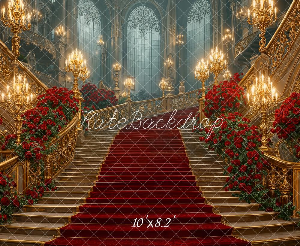 Kate Cascading Stairs Red Roses Grand Chandelier Fleece Backdrop Designed by Emetselch - Image 3