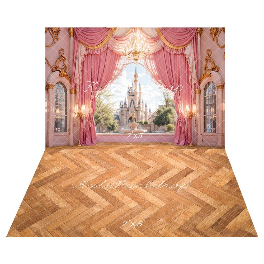 Kate Castle Pink Curtains Window Backdrop+Herringbone Pattern Wooden Floor Backdrop - Image 2