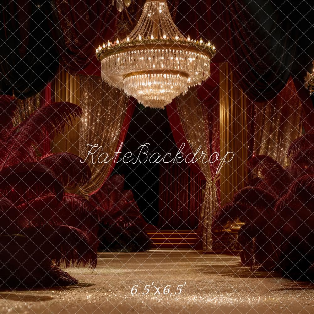 Kate Chandelier Red Feathers Gold Curtains Backdrop Designed by Emetselch - Image 2