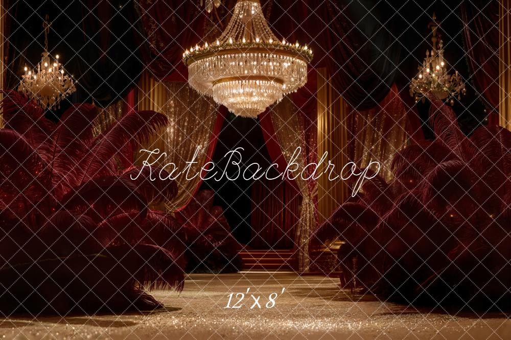 Kate Chandelier Red Feathers Gold Curtains Backdrop Designed by Emetselch - Image 8