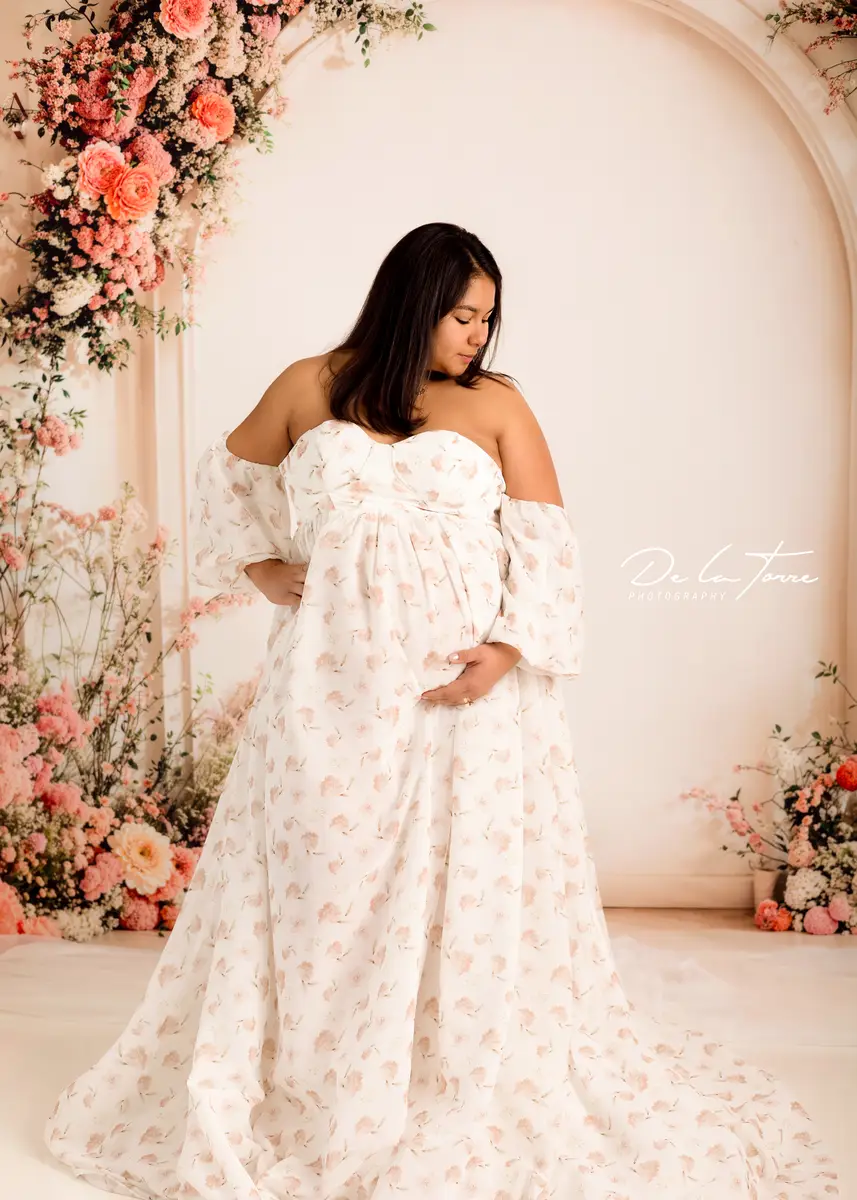 Kate Chiffon Flower Printed White Maternity Photoshoot Dress - Image 3