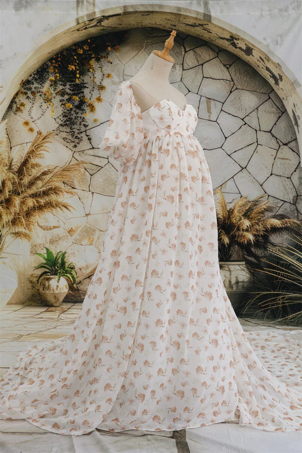 Kate Chiffon Flower Printed White Maternity Photoshoot Dress - Image 6
