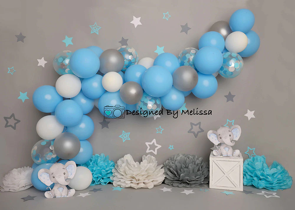 Kate Children Grey Wall Elephant Blue Balloon Backdrop Designed by Melissa King - Image 2