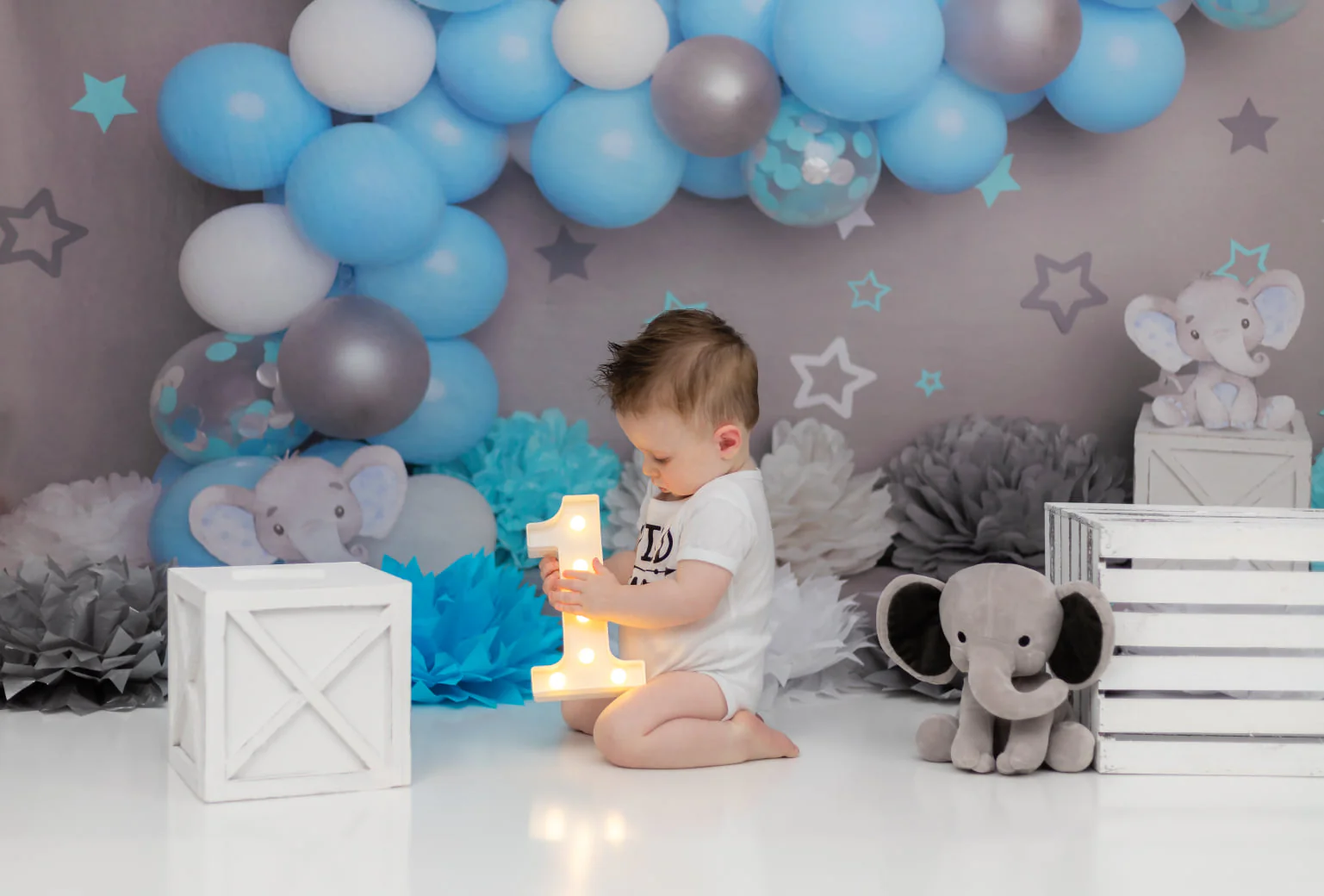 Kate Children Grey Wall Elephant Blue Balloon Backdrop Designed by Melissa King - Image 5