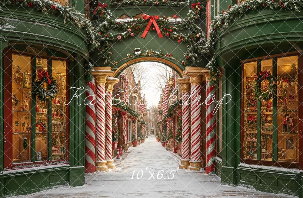 Kate Christmas Arch Candy Cane Shopfronts Fleece Backdrop Designed by Emetselch - Image 2