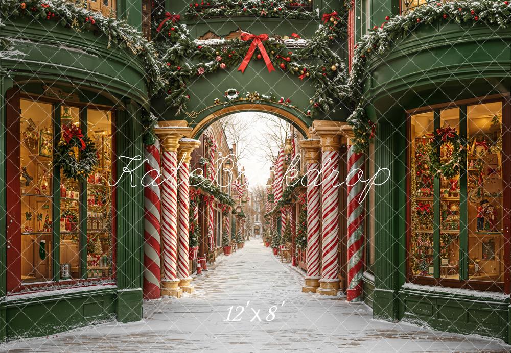 Kate Christmas Arch Candy Cane Shopfronts Fleece Backdrop Designed by Emetselch - Image 4