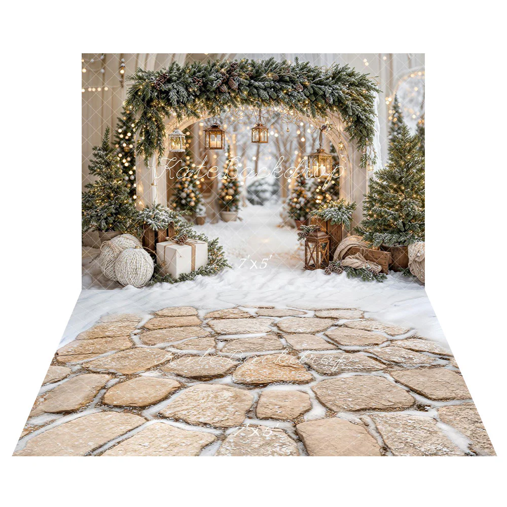 Kate Christmas Arch Garland Snow Trees Backdrop+Cobblestone Snow Floor Backdrop