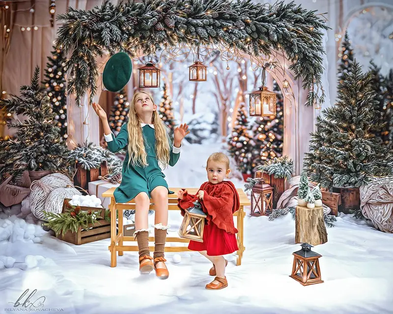 Kate Christmas Arch Garland Snow Trees Backdrop Designed by Emetselch - Image 4