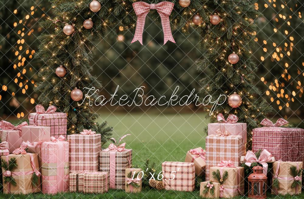 Kate Christmas Arch Pink Bow Presents Fleece Backdrop Designed by Emetselch - Image 2