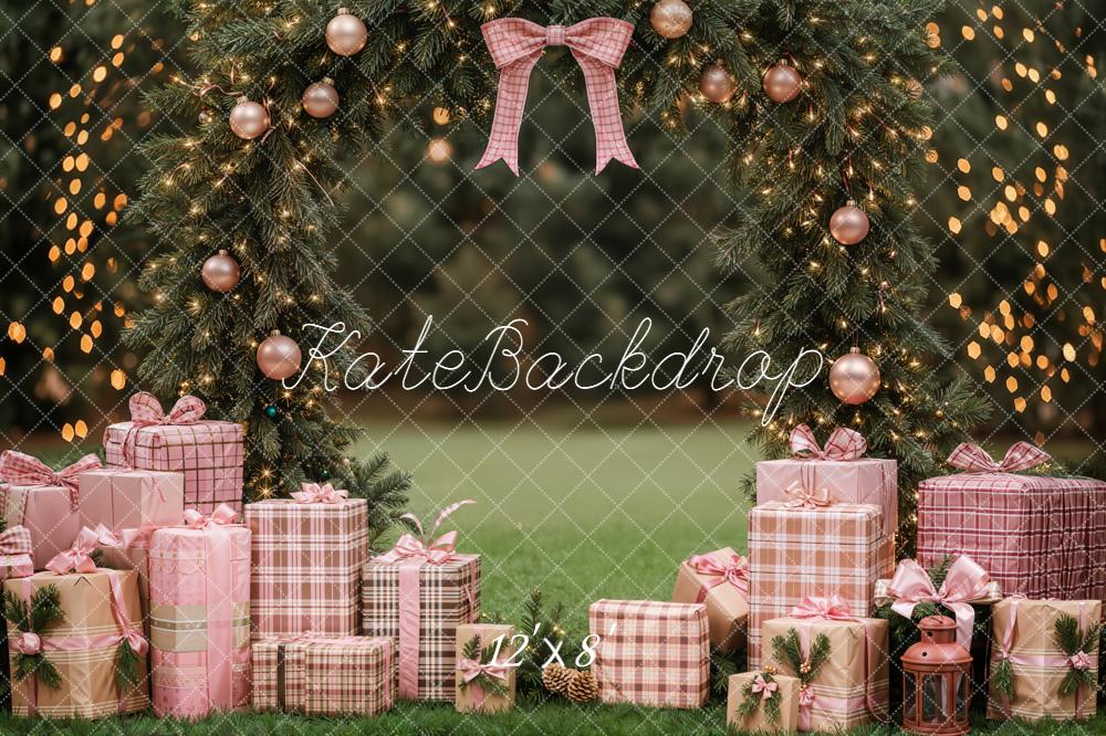 Kate Christmas Arch Pink Bow Presents Fleece Backdrop Designed by Emetselch - Image 4