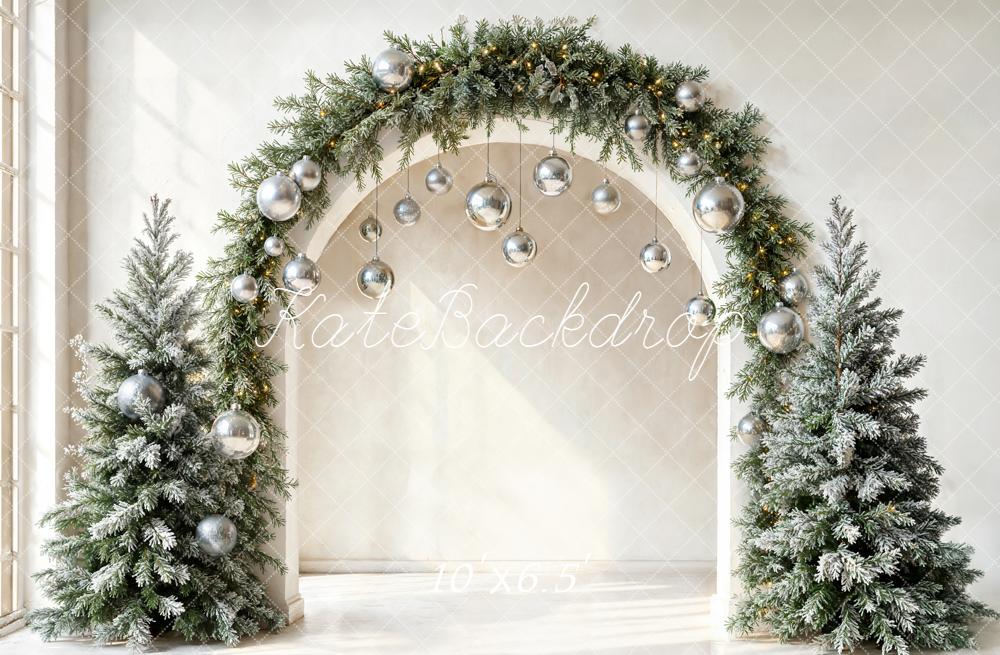 Kate Christmas Arch Silver Baubles Frosted Trees Backdrop Designed by Emetselch - Image 4