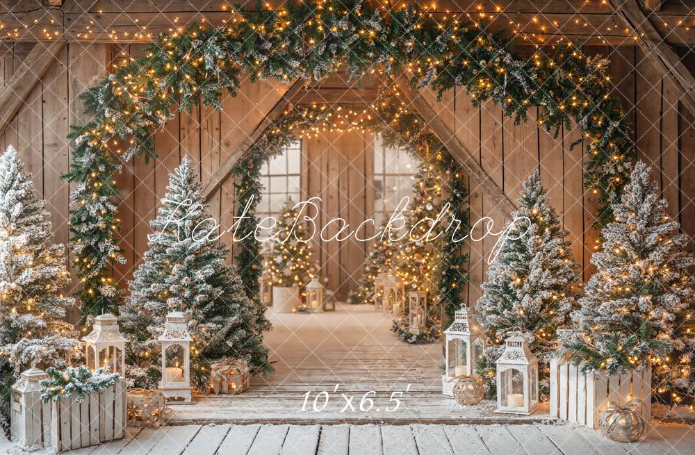Kate Christmas Arch Snowy Trees Lanterns Fleece Backdrop Designed by Emetselch - Image 2