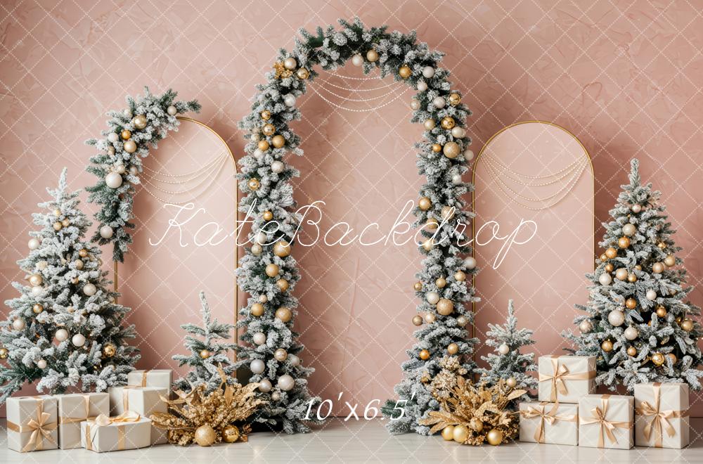 Kate Christmas Arch Snowy Trees Presents Pink Backdrop Designed by Patty Robert - Image 4