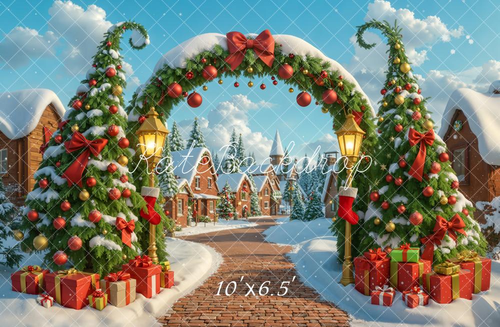 Kate Christmas Arch Trees Snow Village Backdrop Designed by Emetselch - Image 4