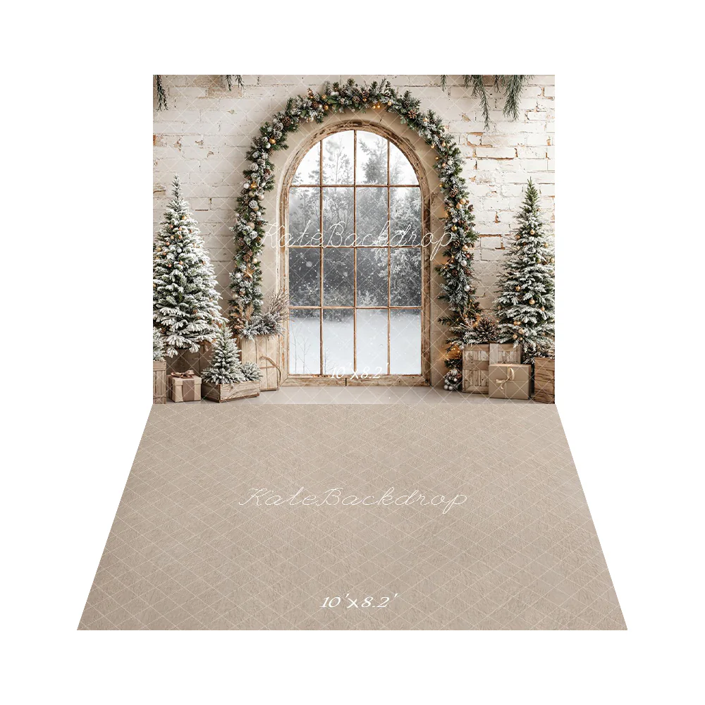 Kate Christmas Arch Window Garland Trees Backdrop+Beige Abstract Texture Floor Backdrop - Image 2
