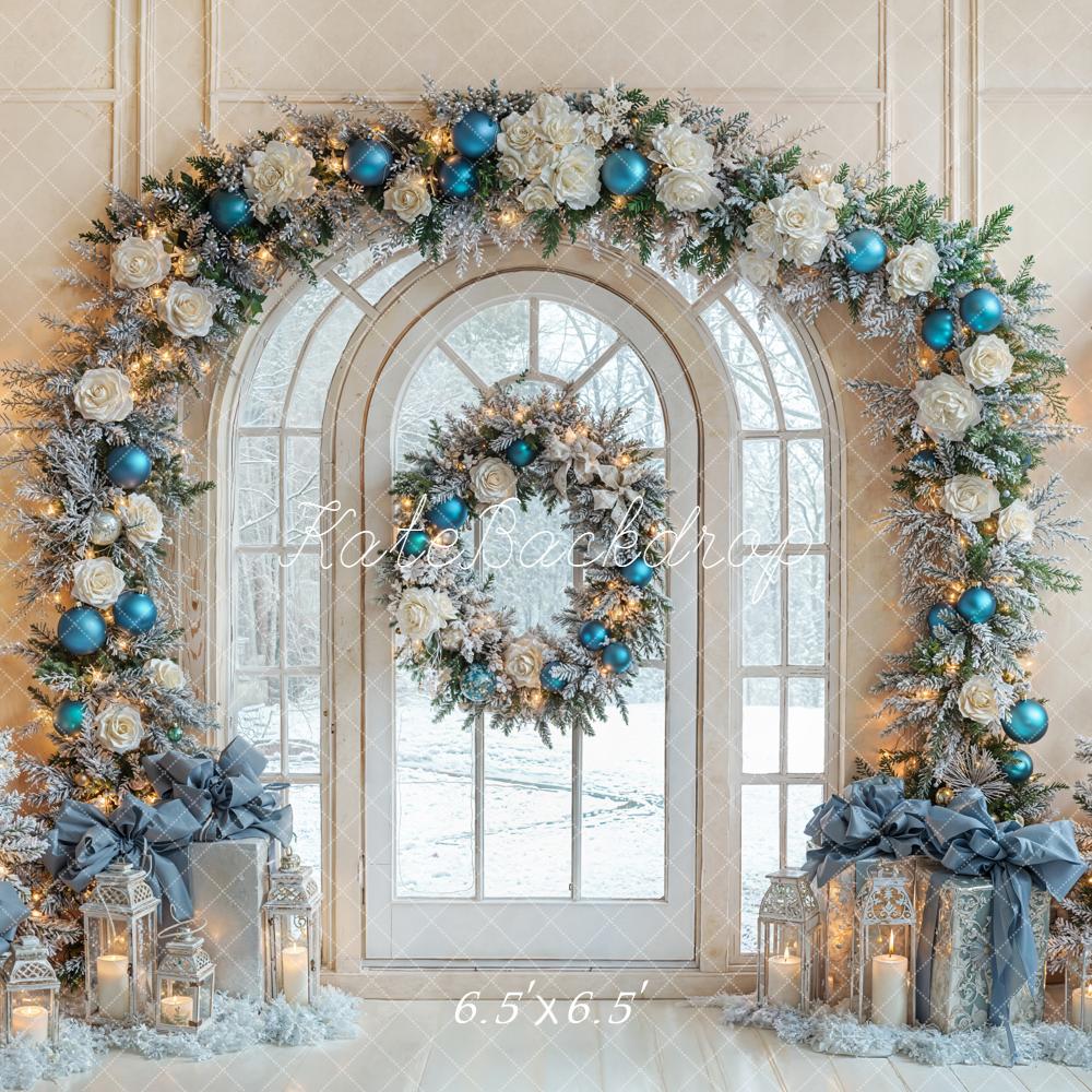 Kate Christmas Arch Window Trees Blue Ornaments Backdrop Designed by Emetselch - Image 2
