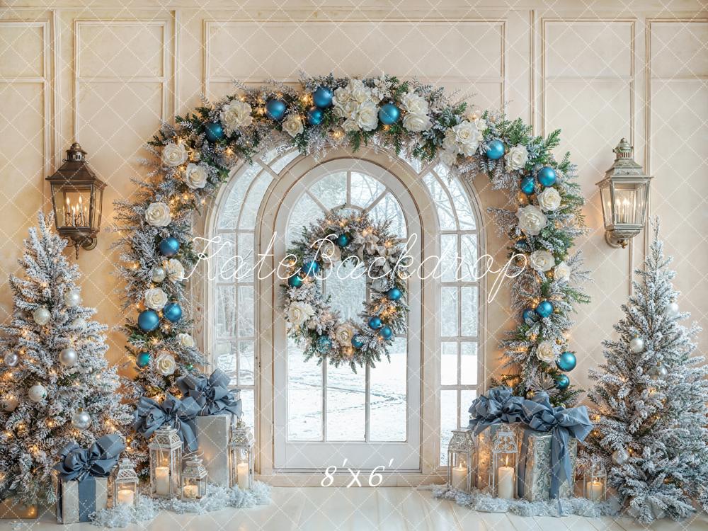 Kate Christmas Arch Window Trees Blue Ornaments Backdrop Designed by Emetselch - Image 3