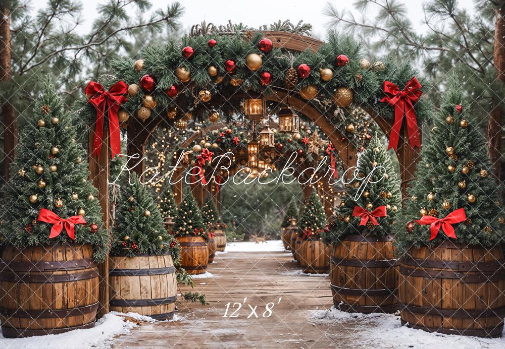 Kate Christmas Archway Lanterns Pine Trees Fleece Backdrop Designed by Emetselch - Image 4